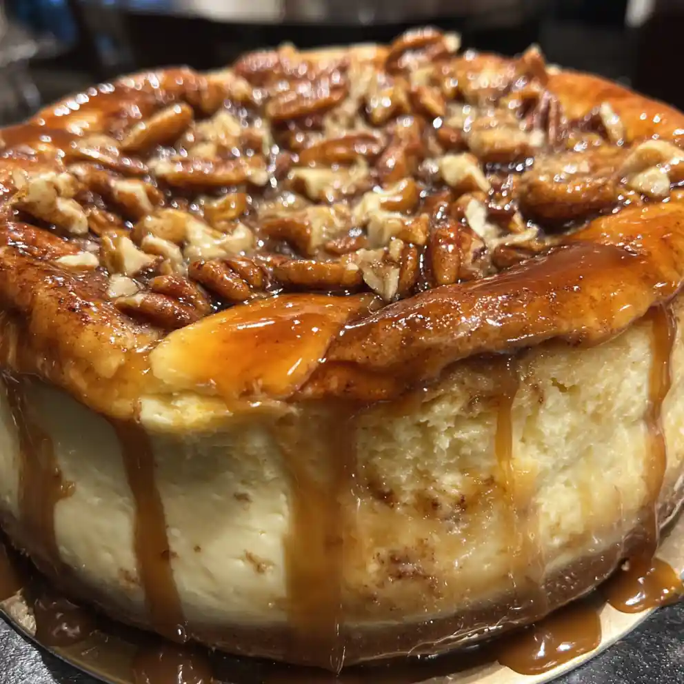Cinnamon Roll Honeybun Cheesecake Recipe Caramel Drizzled Cinnamon Roll Honeybun Cheesecake 1761528134.3606946