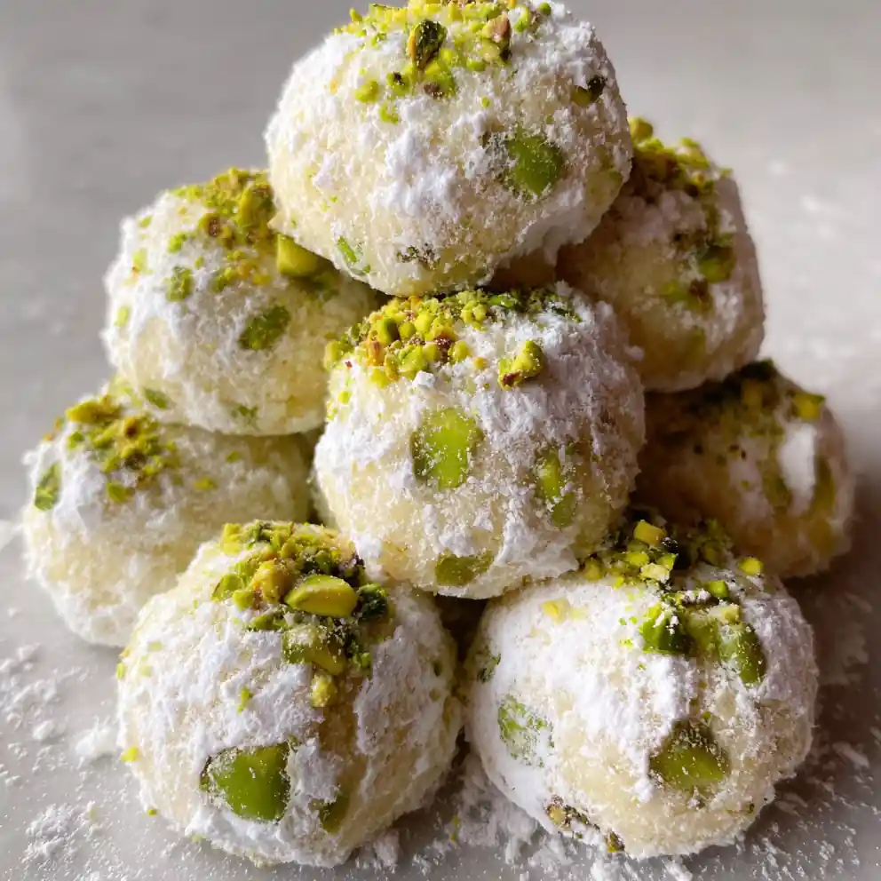 italian wedding cookies recipe with Powdered Snow and Pistachio