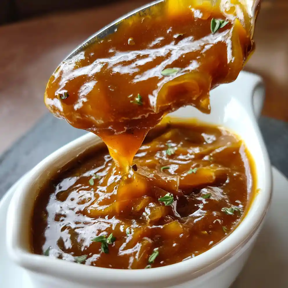 Onion Gravy Recipe Caramel-Brown Onion Gravy With Thyme Specks 4 onion gravy recipe Caramel-Brown Onion Gravy With Thyme Specks