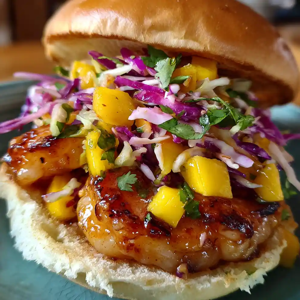shrimp burger recipe Chili-Coral Shrimp Burger With Mango Slaw