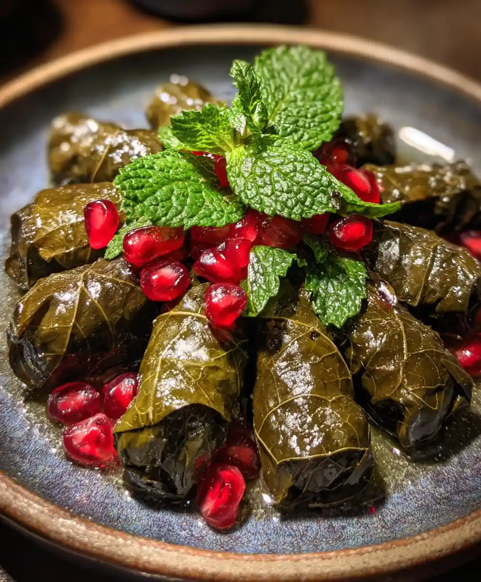 stuffed grape leaves recipe with Pomegranate Seeds and Mint