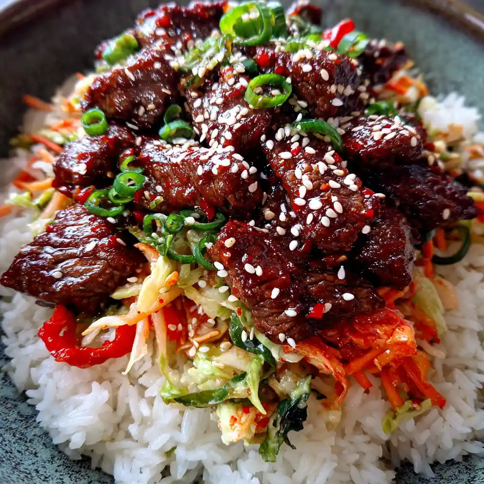 korean beef bowl recipe Gochujang Glaze With Kimchi Slaw