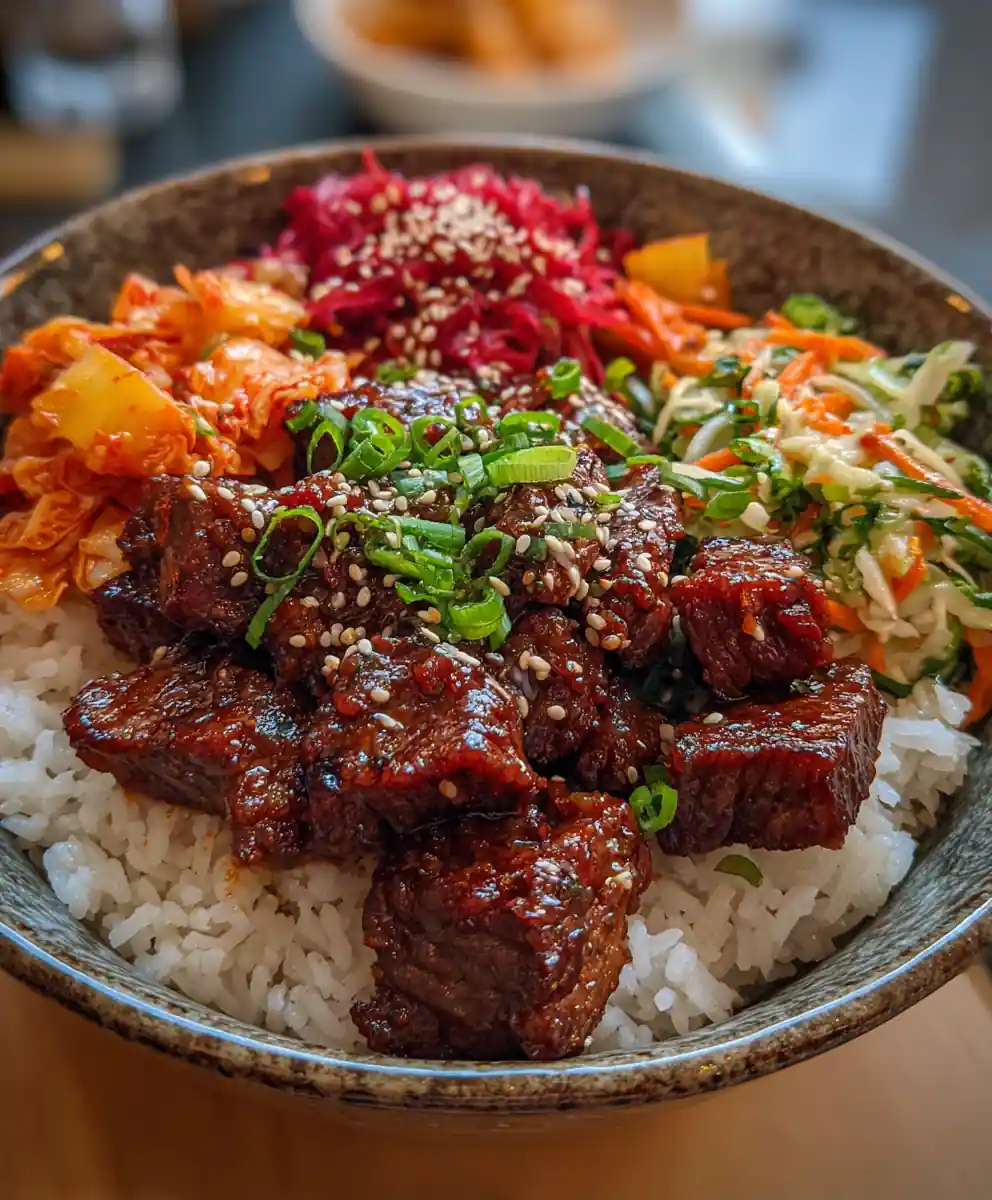 korean beef bowl recipe Gochujang Glaze With Kimchi Slaw