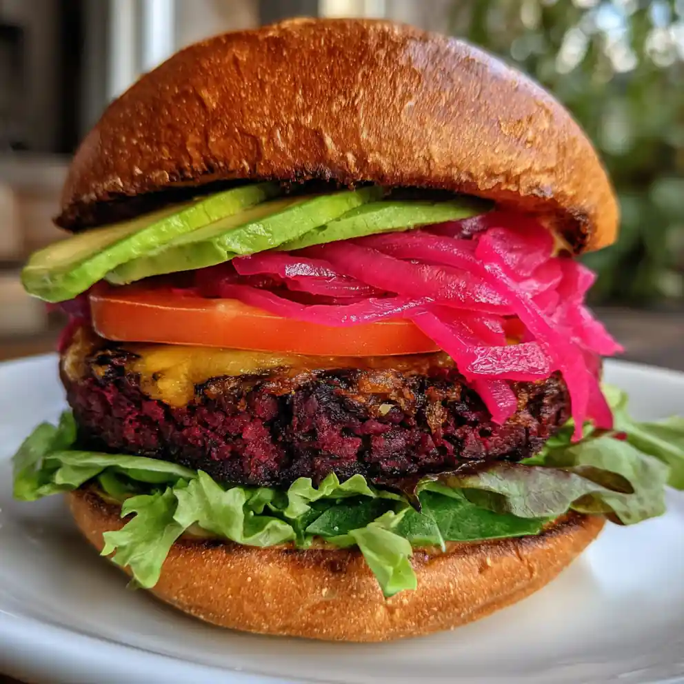 veggie burger recipe Beet Patty With Pickled Onions