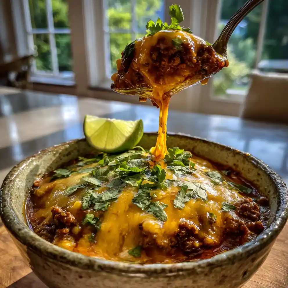 Cheesy Ground Beef Enchilada Chili With Roasted Poblano Corn Swirl 4 Cheesy Ground Beef Enchilada Chili with Roasted Poblano Corn Swirl