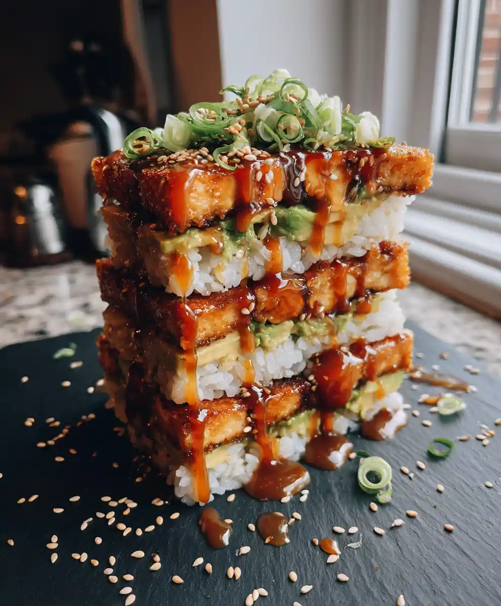 Crispy Teriyaki Tofu Avocado Rice Stack With Miso Caramel Drizzle 5 Crispy Teriyaki Tofu Avocado Rice Stack with Miso Caramel Drizzle