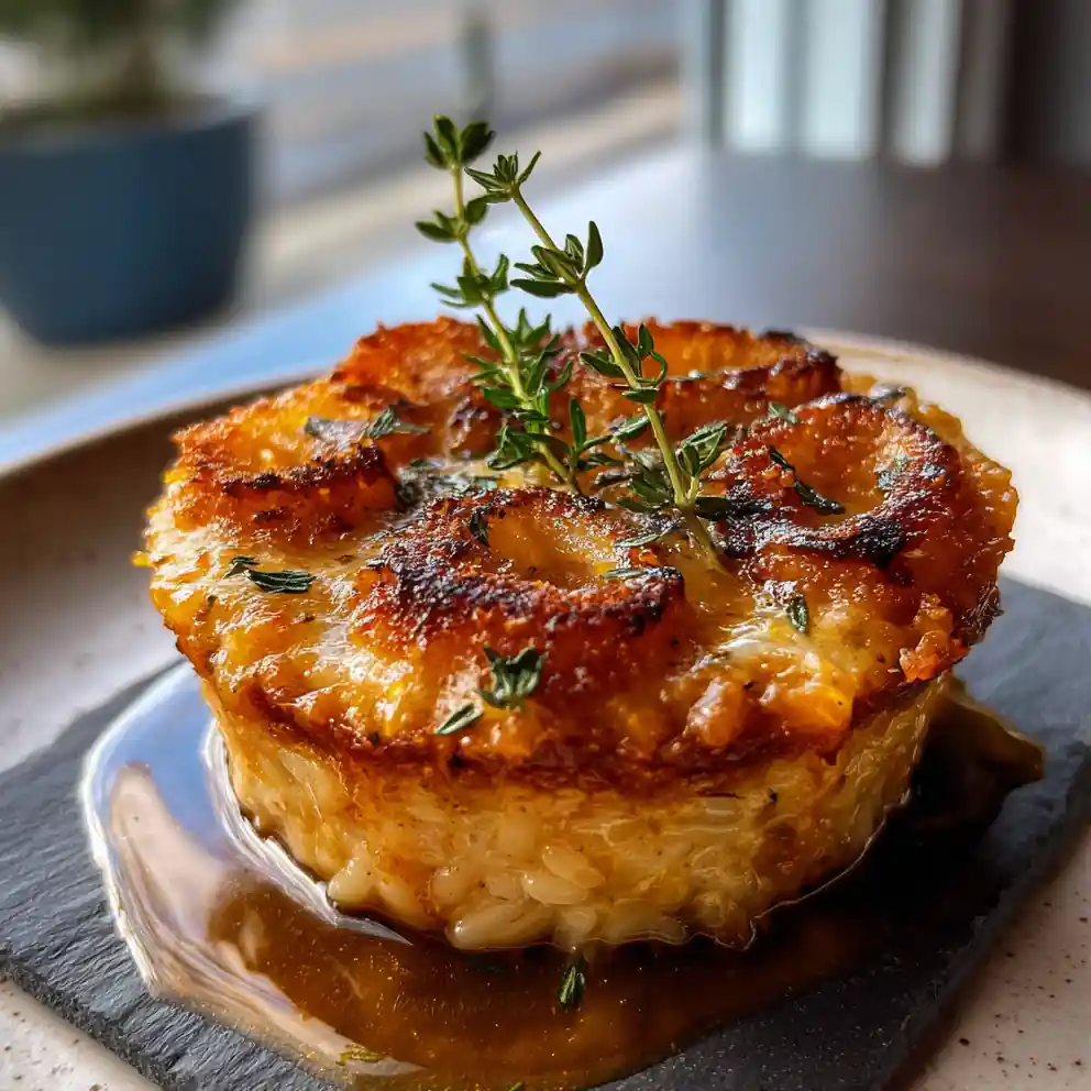 French Onion Soup Rice With Gruyère Crust & Thyme Drizzle 4 French Onion Soup Rice with Gruyère Crust & Thyme Drizzle
