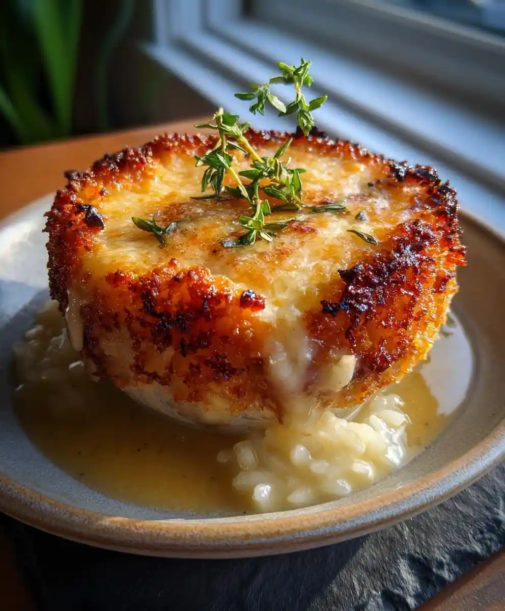 French Onion Soup Rice With Gruyère Crust & Thyme Drizzle 5 French Onion Soup Rice with Gruyère Crust & Thyme Drizzle