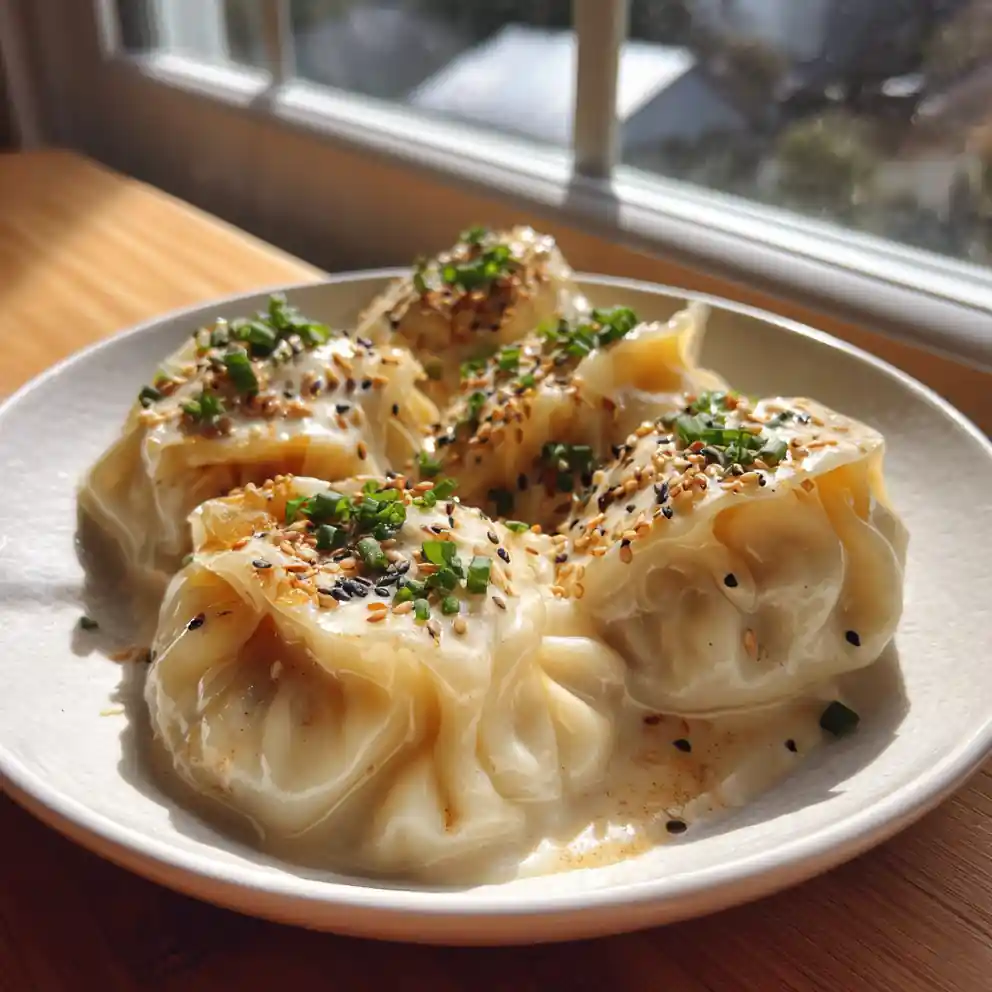 Savory Chicken Chinese Dumplings With Miso Sesame Cream Center 4 Savory Chicken Chinese Dumplings with Miso Sesame Cream Center