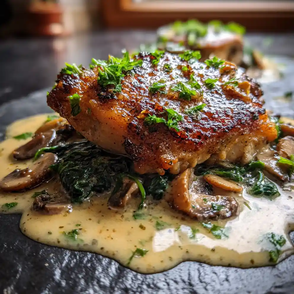 Smothered Chicken With Creamed Spinach, Smoked Turkey & Mushrooms 4 Smothered Chicken with Creamed Spinach, Smoked Turkey & Mushrooms