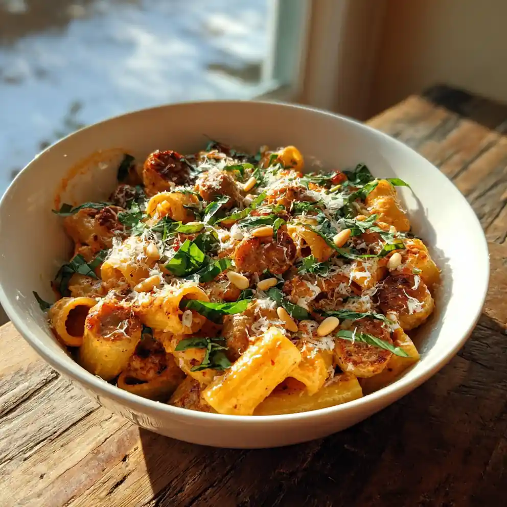 Spiced Chicken Sausage Rigatoni Pasta With Roasted Red Pepper Cream Swirl 4 Spiced Chicken Sausage Rigatoni Pasta with Roasted Red Pepper Cream Swirl