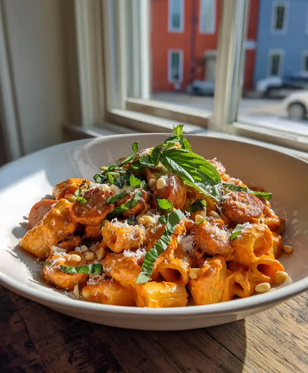 Spiced Chicken Sausage Rigatoni Pasta With Roasted Red Pepper Cream Swirl 5 Spiced Chicken Sausage Rigatoni Pasta with Roasted Red Pepper Cream Swirl