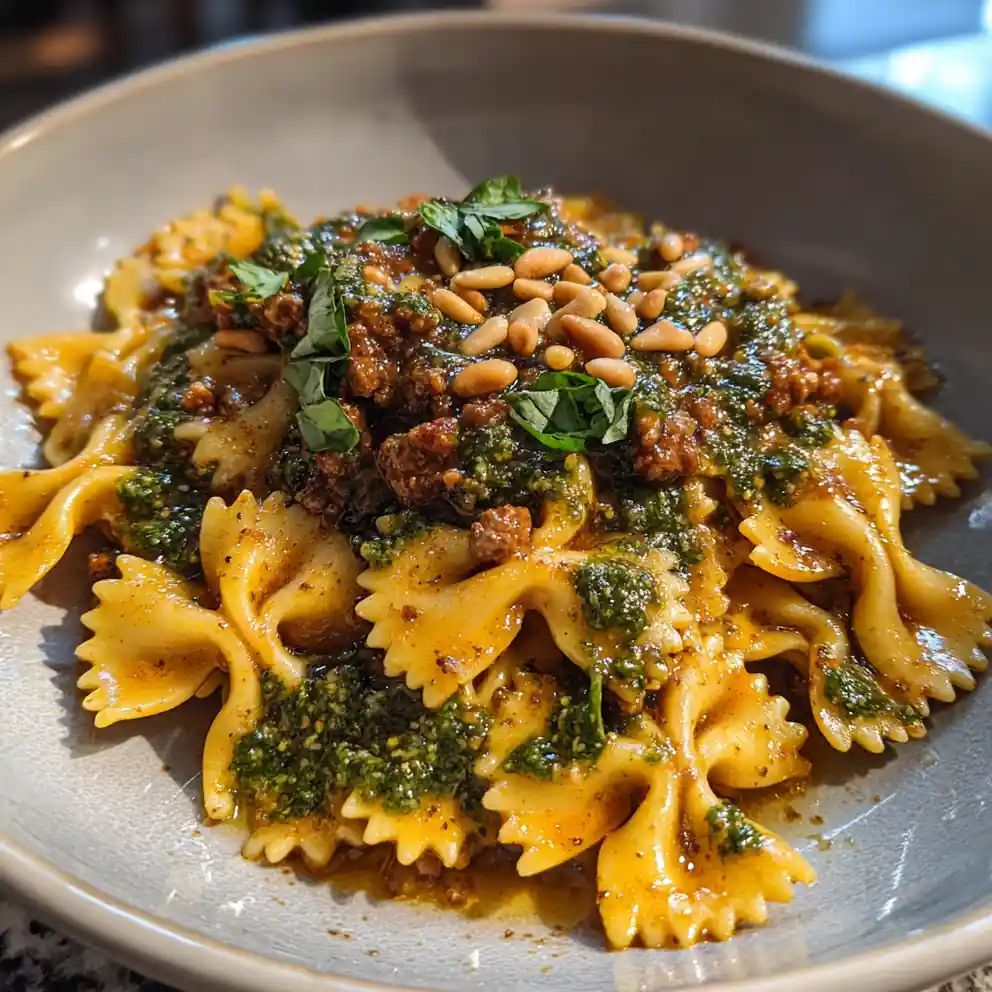 Bowtie Pasta With Beef, Garlic Parmesan Cream And Basil Pesto Swirl 4 Bowtie Pasta With Beef, Garlic Parmesan Cream And Basil Pesto Swirl