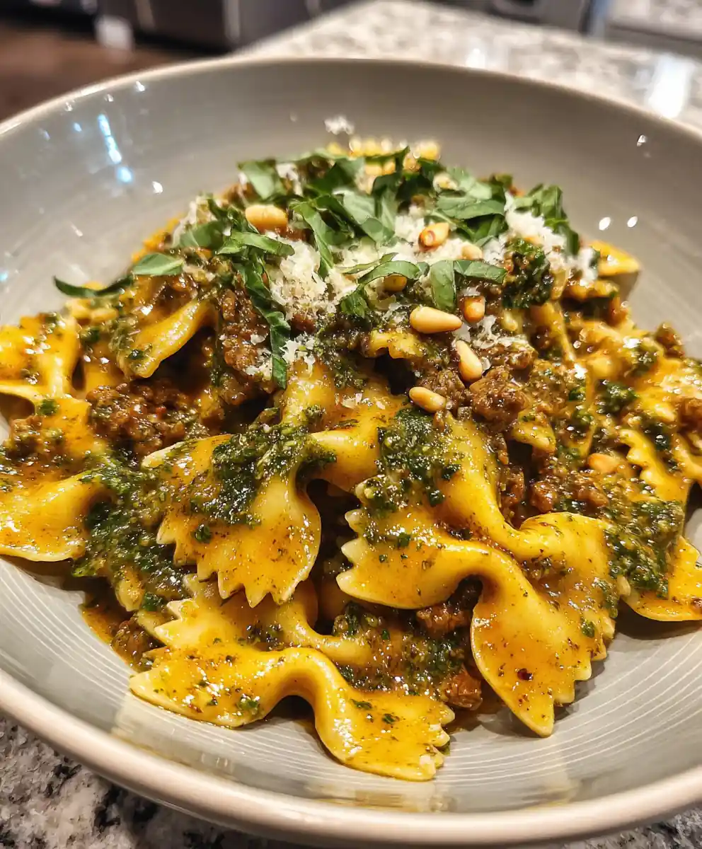 Bowtie Pasta With Beef, Garlic Parmesan Cream And Basil Pesto Swirl 5 Bowtie Pasta With Beef, Garlic Parmesan Cream And Basil Pesto Swirl