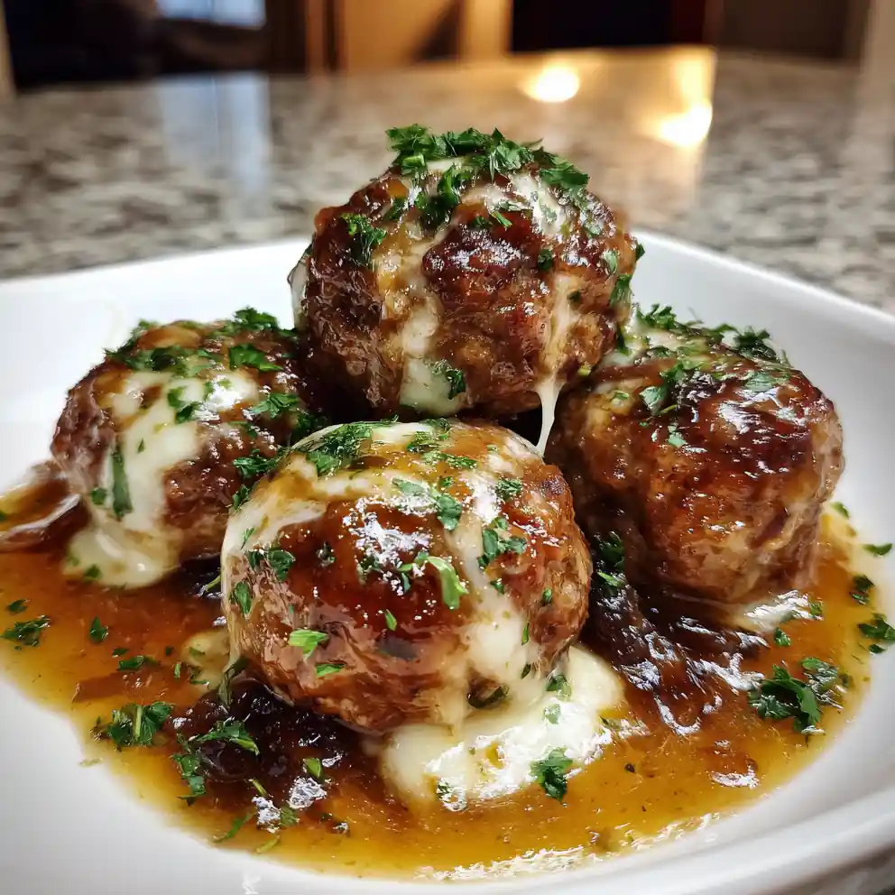 Cheesy Core Beef Meatballs With Caramelized Onion Gravy 4 Cheesy Core Beef Meatballs With Caramelized Onion Gravy