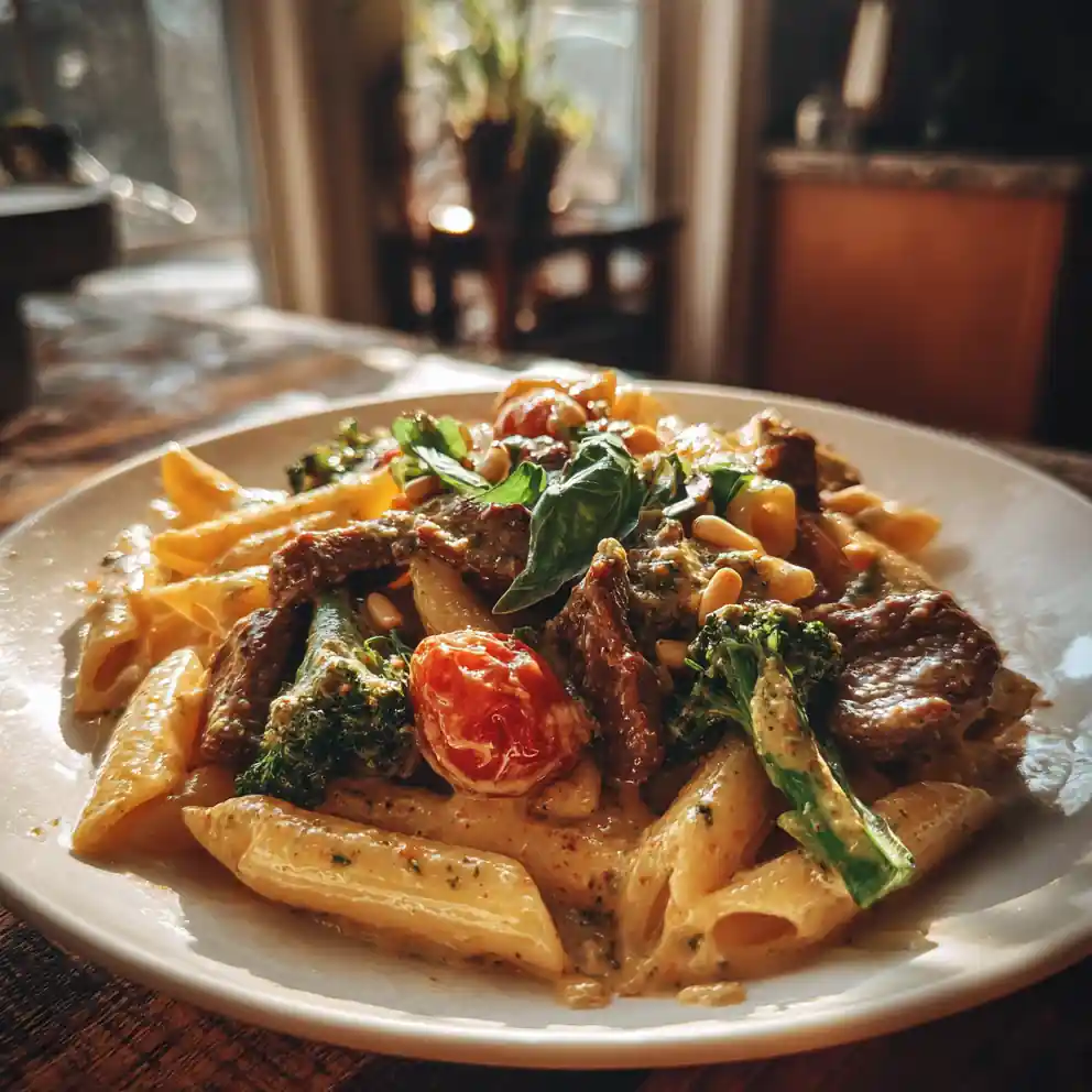 Creamy Garlic Steak Penne With Broccoli, Cherry Tomatoes & Sun Dried Tomato Pesto Swirl 4 Creamy Garlic Steak Penne With Broccoli, Cherry Tomatoes & Sun Dried Tomato Pesto Swirl
