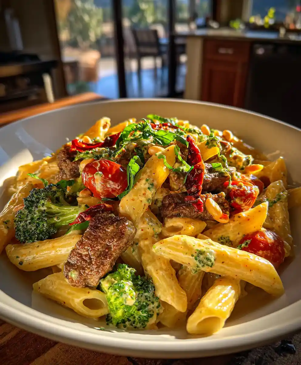 Creamy Garlic Steak Penne With Broccoli, Cherry Tomatoes & Sun Dried Tomato Pesto Swirl 5 Creamy Garlic Steak Penne With Broccoli, Cherry Tomatoes & Sun Dried Tomato Pesto Swirl