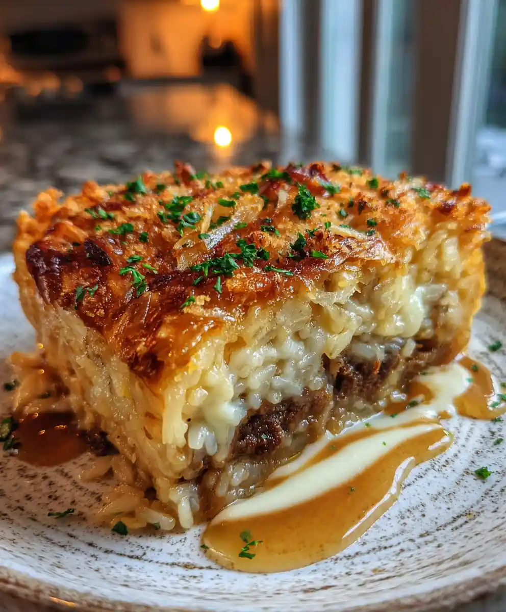 French Onion Beef And Rice Casserole With Creamy Onion Béchamel Swirl 5 French Onion Beef And Rice Casserole With Creamy Onion Béchamel Swirl