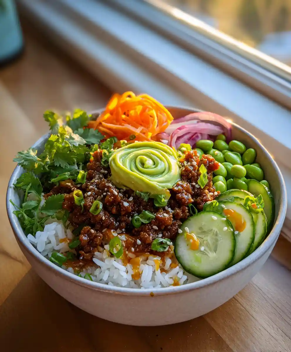 Ground Beef Bowl With Miso Honey Glaze And Lime Cilantro Swirl 5 Ground Beef Bowl With Miso Honey Glaze And Lime Cilantro Swirl