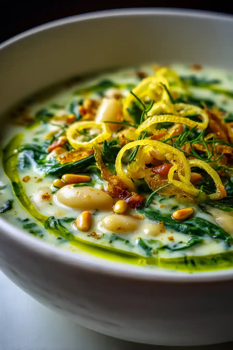 Creamy Spinach And White Bean Soup With Lemon And Pine Nut Garnish