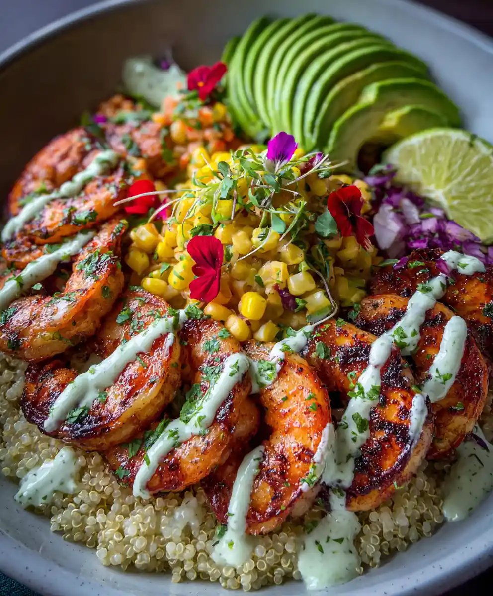 Grilled Shrimp Bowl With Avocado, Corn Salsa & Creamy Sauce 5 Grilled Shrimp Bowl With Avocado, Corn Salsa & Creamy Sauce