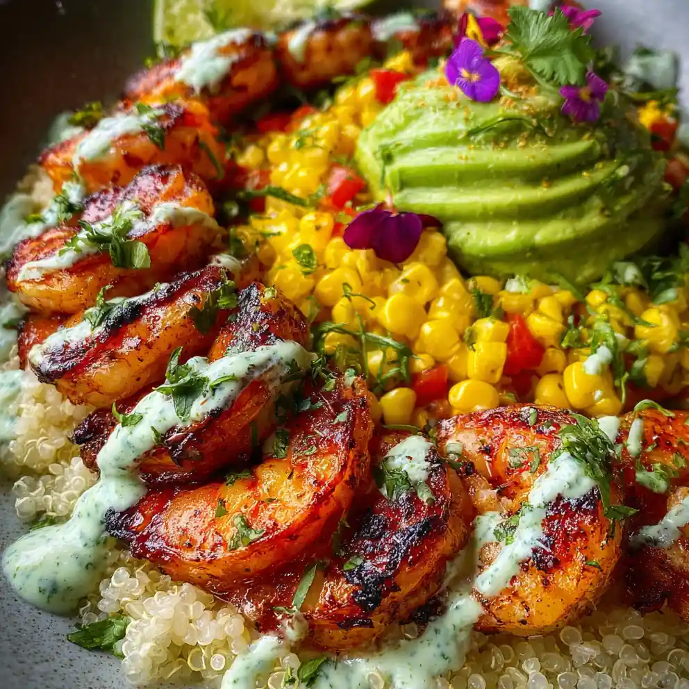 Grilled Shrimp Bowl With Avocado, Corn Salsa & Creamy Sauce 4 Grilled Shrimp Bowl With Avocado, Corn Salsa & Creamy Sauce