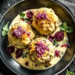 Herzhafte Brezenknödel mit fruchtigem Rotkohl und cremiger Rahmsauce 4 Herzhafte Brezenknödel mit fruchtigem Rotkohl und cremiger Rahmsauce