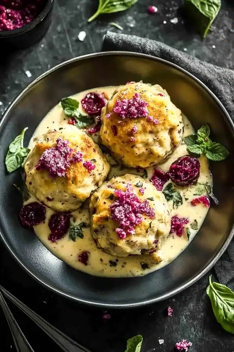 Herzhafte Brezenknödel mit fruchtigem Rotkohl und cremiger Rahmsauce 3 Recipe image