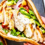 Gegrillte Hähnchen-Pita-Sandwiches mit Kichererbsen-Salat 4 Gegrillte Hähnchen-Pita-Sandwiches mit Kichererbsen-Salat