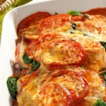 Überbackenes Hähnchenschnitzel auf Spinatbett mit Tomatensauce 4 Überbackenes Hähnchenschnitzel auf Spinatbett mit Tomatensauce