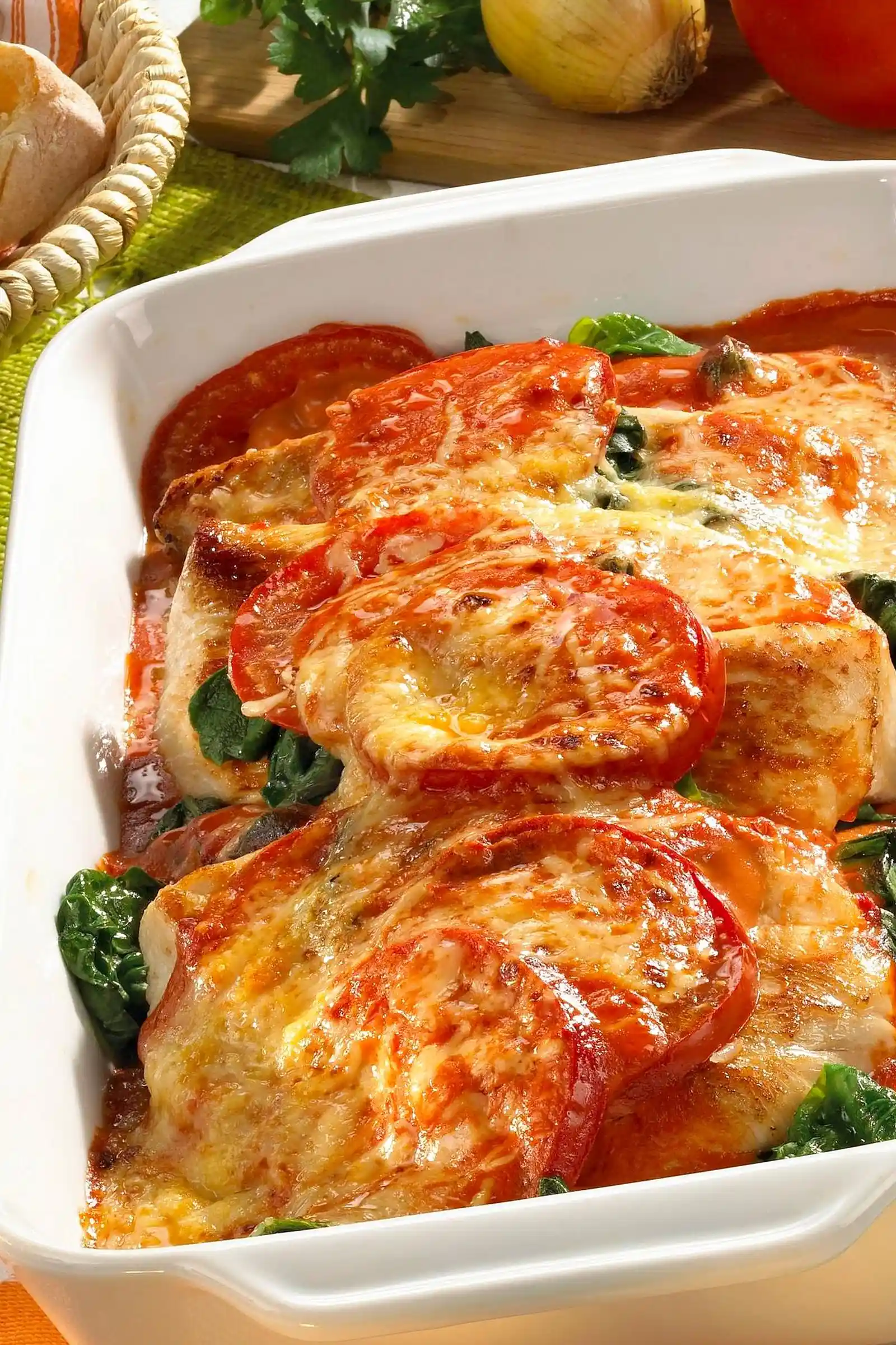 Überbackenes Hähnchenschnitzel auf Spinatbett mit Tomatensauce 3 Recipe image