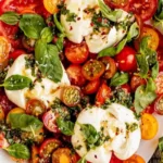 Kremiger Burrata Caprese Salat mit Basilikum-Vinaigrette 4 Kremiger Burrata Caprese Salat mit Basilikum-Vinaigrette