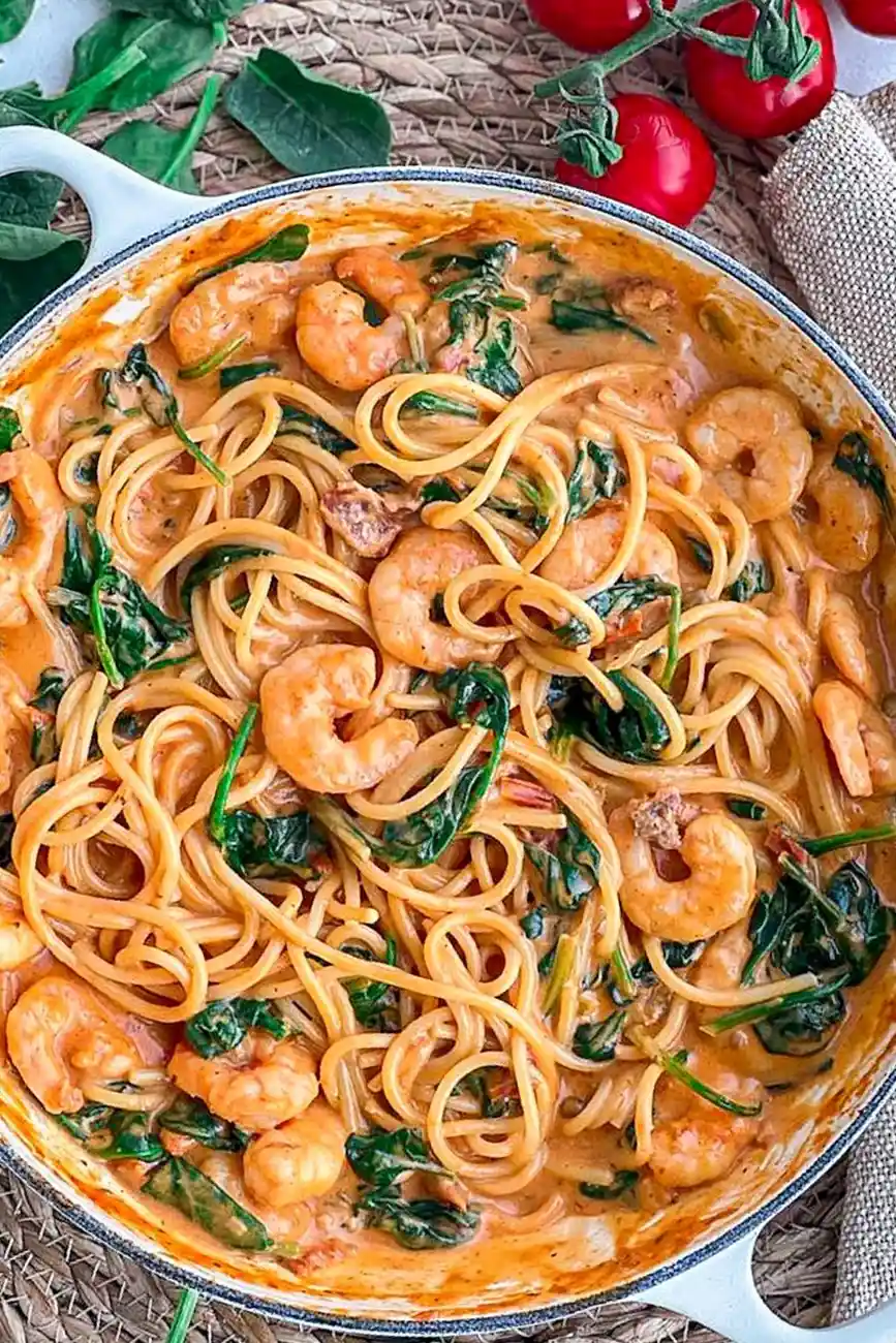 Cremige Pasta mit Garnelen und Spinat 3 Recipe image