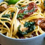 Cremige Pasta mit Hähnchen, Spinat und getrockneten Tomaten 4 Cremige Pasta mit Hähnchen, Spinat und getrockneten Tomaten