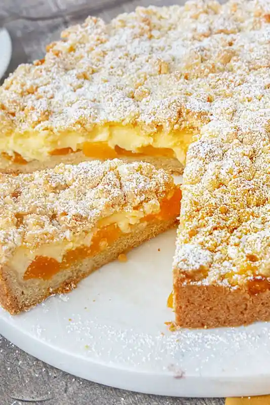 Saftiger Aprikosenkuchen mit cremiger Puddingfüllung und knusprigen Streuseln 3 Recipe image