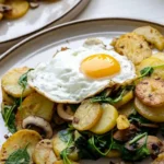 Herzhafte Bratkartoffeln mit Spiegeleiern, Pilzen und Spinat 4 Herzhafte Bratkartoffeln mit Spiegeleiern, Pilzen und Spinat