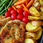 Knusprige Parmesan-Hähnchenschnitzel aus dem Ofen mit Ofengemüse und Kartoffelecken 4 Knusprige Parmesan-Hähnchenschnitzel aus dem Ofen mit Ofengemüse und Kartoffelecken