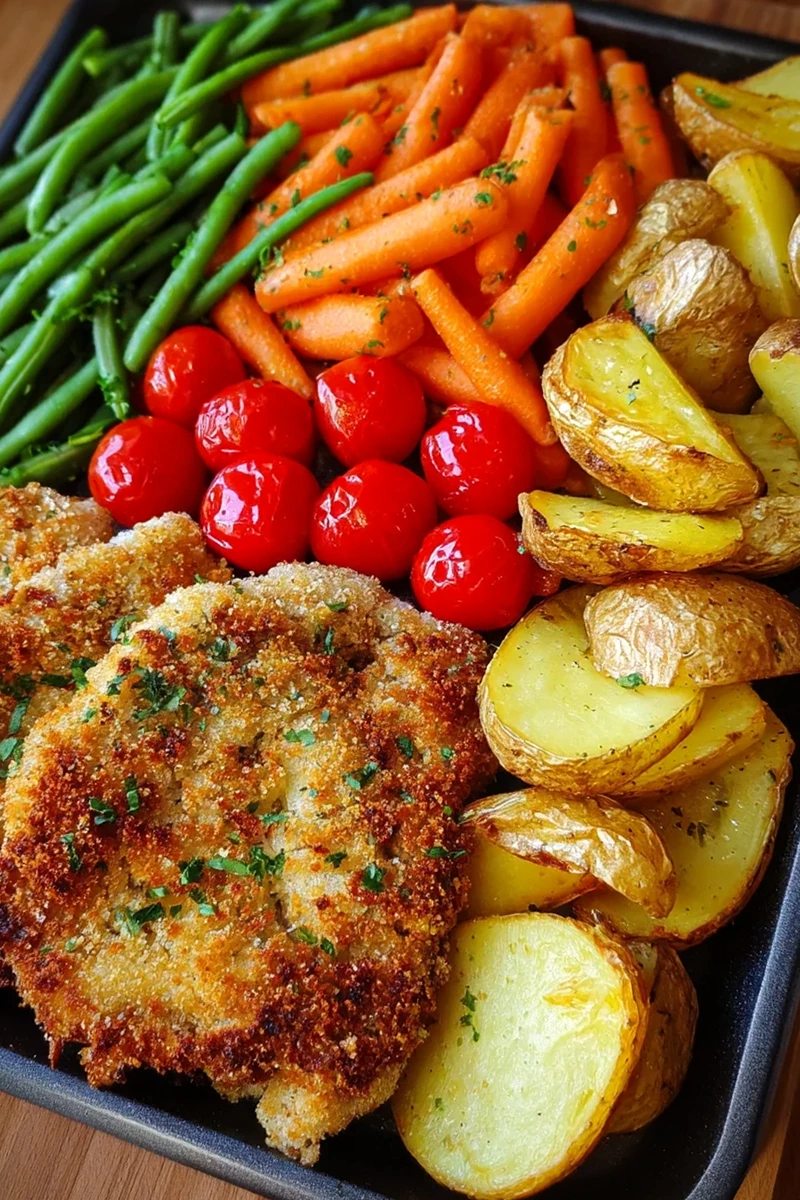 Knusprige Parmesan-Hähnchenschnitzel aus dem Ofen mit Ofengemüse und Kartoffelecken 3 Recipe image