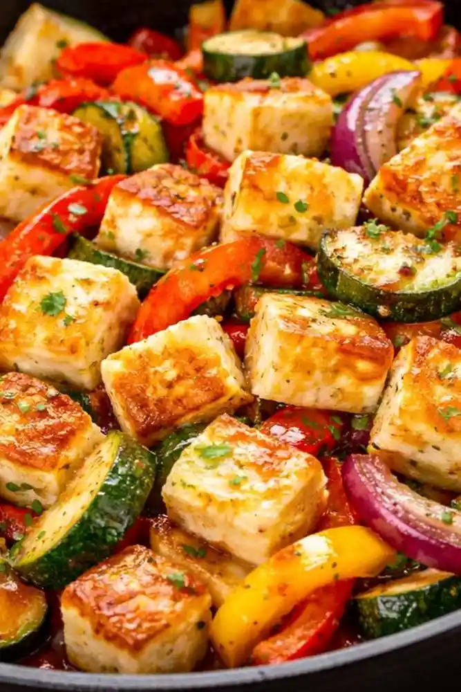 Bunte Gemüsepfanne mit goldbraunem Halloumi 3 Recipe image
