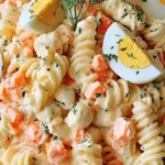 Schneller Nudelsalat mit Surimi und hartgekochten Eiern 4 Schneller Nudelsalat mit Surimi und hartgekochten Eiern